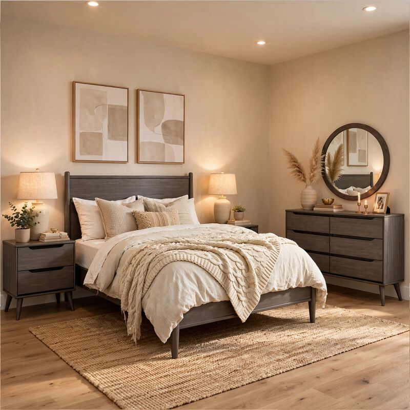 Leyla 5pc Queen Bedroom Set, 2 Nightstands, Oval Mirror, Gray Wood image number 1