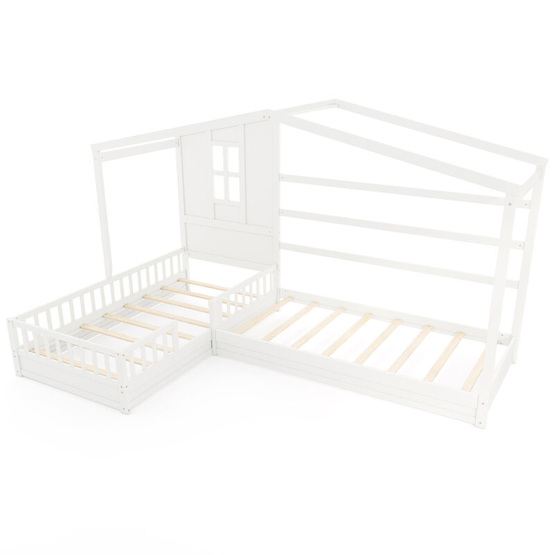L-shaped Double House Platform Beds with Fences Corner Bed Frame