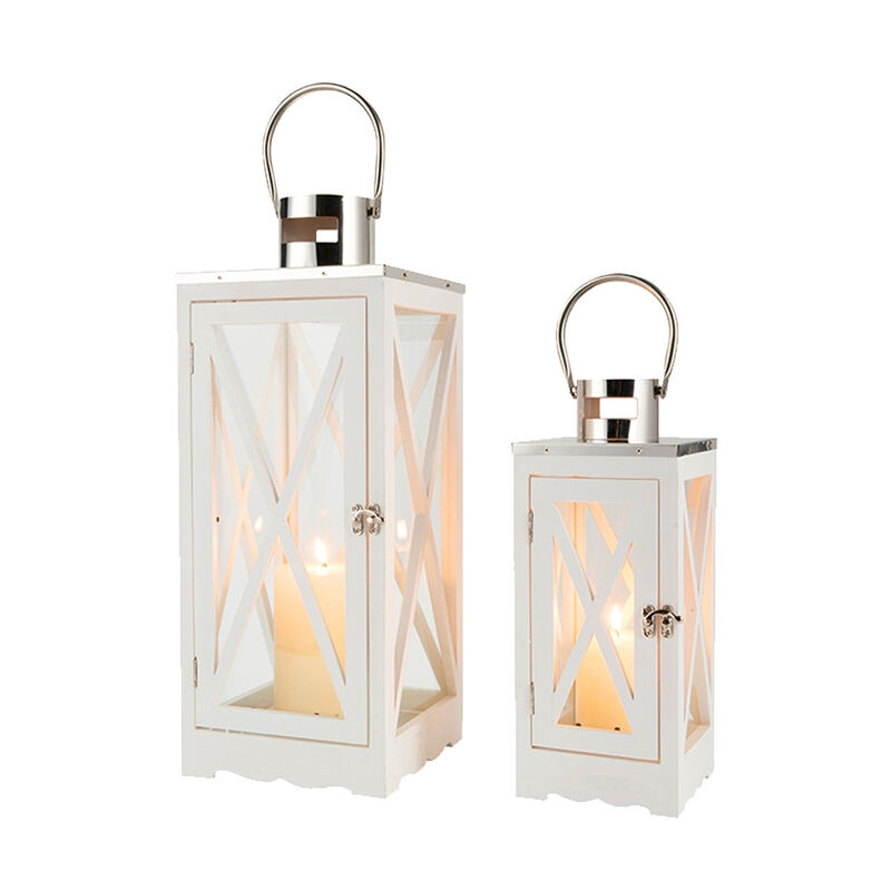 HomeRoots Set of Two Clear And White Glass And Solid Wood Floor Lantern Candle Holders