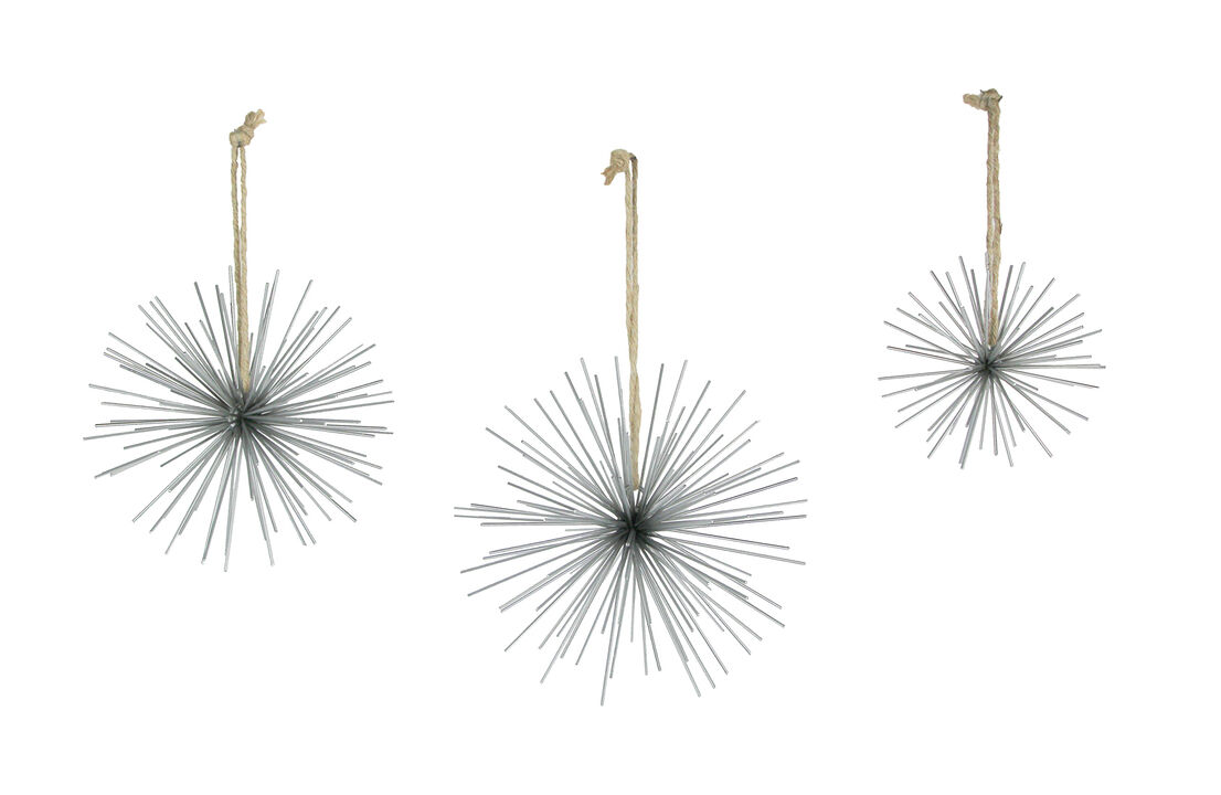 Silver Metal Bursting Star Decorative Hanging Ornaments Set of 3 Rope Hangers