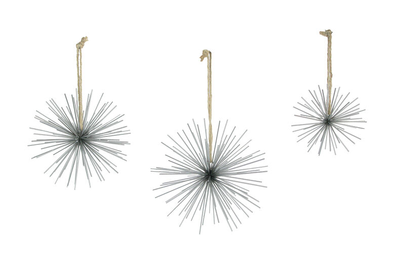 Silver Metal Bursting Star Decorative Hanging Ornaments Set of 3 Rope Hangers image number 0