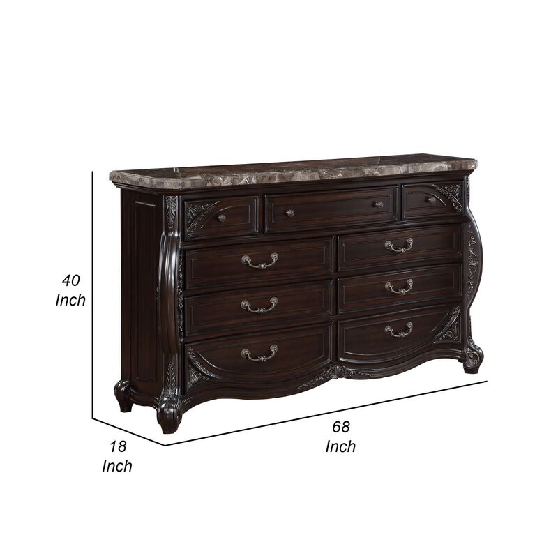 Benjara Faya 68 Inch Wide Dresser, 9 Drawers, Marble Top, Carved Walnut Wood, Brown, Silver