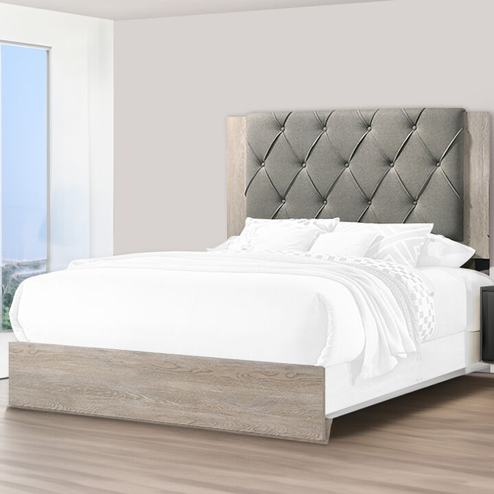 Wooden Queen Bed with Button Tufted Upholstered Headboard, Gray and Cream-Benzara
