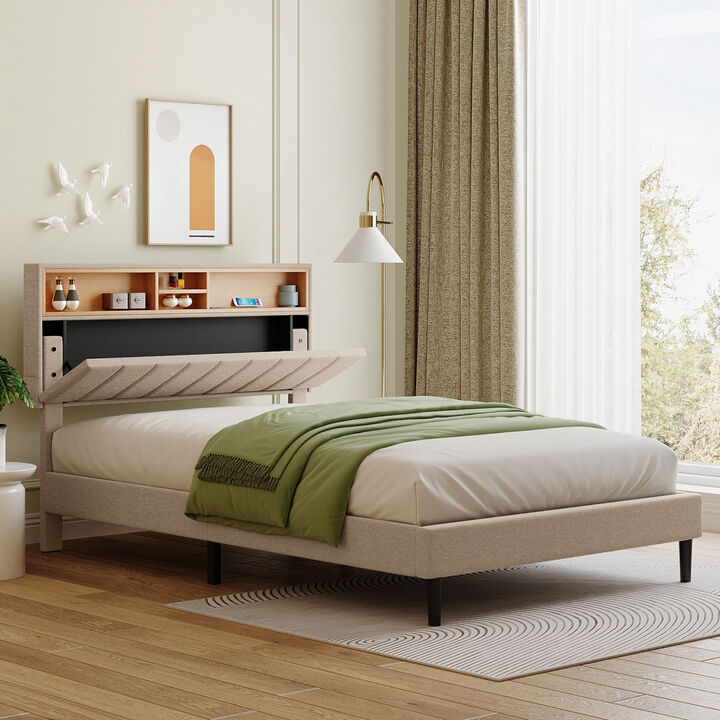 Full size Upholstered Platform Bed with Storage Headboard and USB Port, Linen Fabric Upholstered Bed
