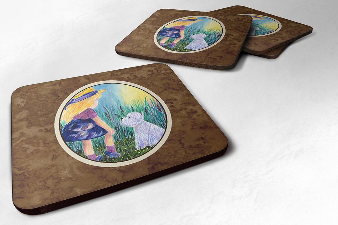 Caroline's Treasures SS8351FC Little Girl with Westie Foam Coasters Set of 4 (Set of 4), 3.5 H x 3.5 W, Multicolor