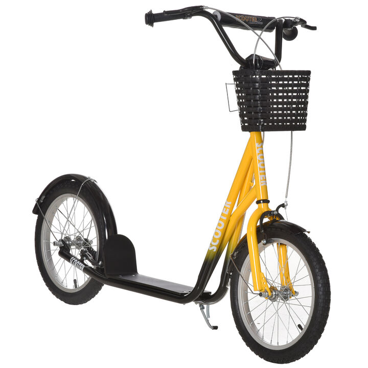 BreeBe Youth Scooter, Kick Scooter with Adjustable Handlebars, Double Brakes, 16" Inflatable Rubber Tires, Basket, Cupholder