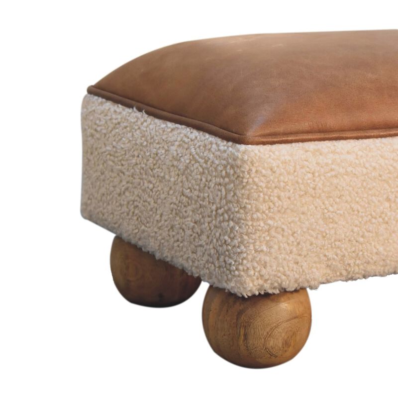Tan Buffalo Leather Boucle Footstool with Ball Feet