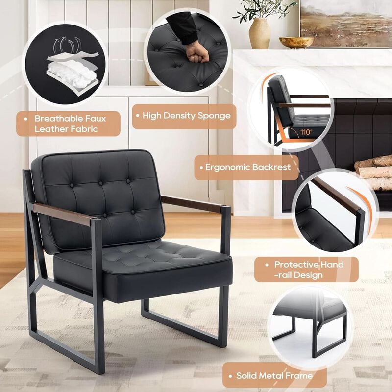 ShipItFurniture Mid-Century Black Faux Leather Accent Chair image number 3