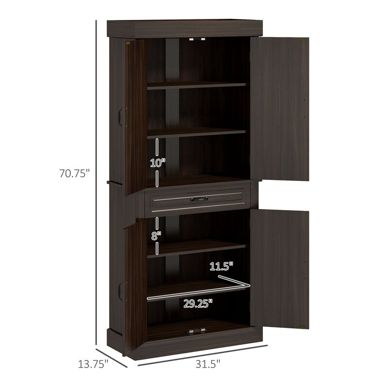 71" Coffee Tall Kitchen Pantry: 4 Doors, 2 Cabinets, Drawer