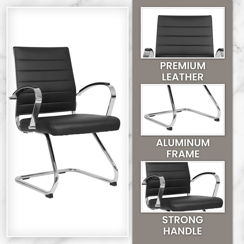 LeisureMod Benmar Guest Office Chair, Ribbed Leather Upholstery with Chrome Arms and Sled Base, Modern Desk Seating for Home or Conference Room