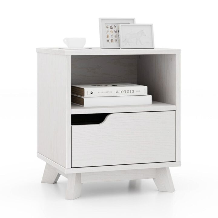 Hivvago Mid Century Modern Bedside Table with Storage Drawer and Open Shelf-White