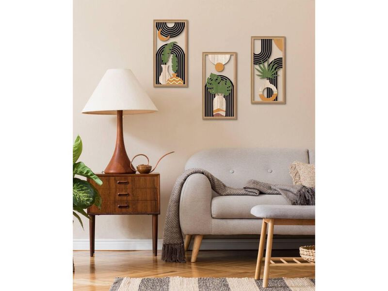 Boho Abstract Wooden Wall Art Set of 3 Modern Minimalist Geometric Decor image number 1