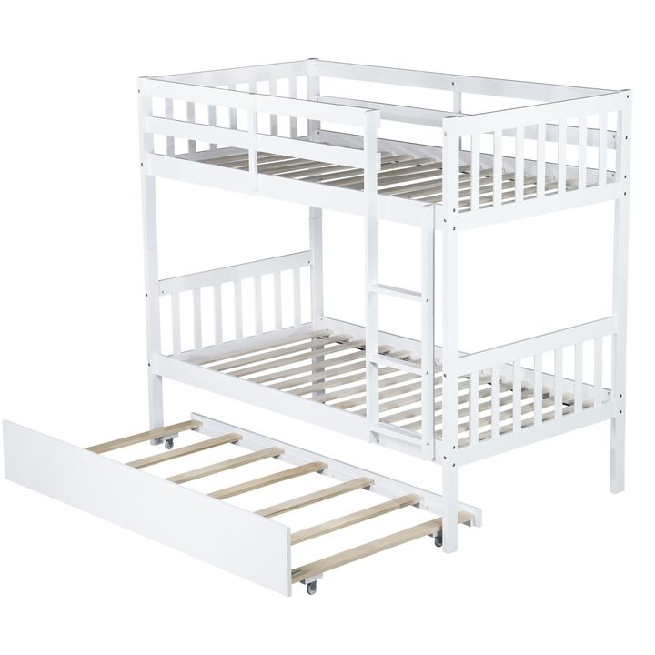 Whisen Twin Over Twin Rubber Wood Bunk Bed with Trundle, Convertible into Twin Size Beds, Twin Size Bunk Bed with Ladder and Safety Guardrails - White