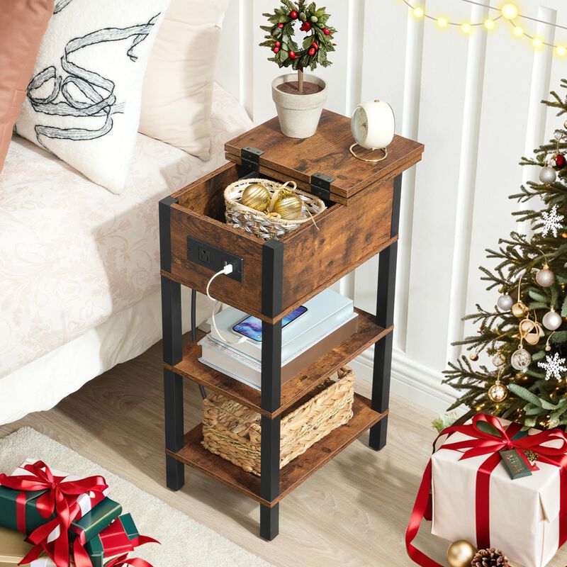 HOOBRO End Table with Charging Station, Flip Top Side Table with USB Ports, Narrow Nightstand Bedside Tables with Storage Shelve