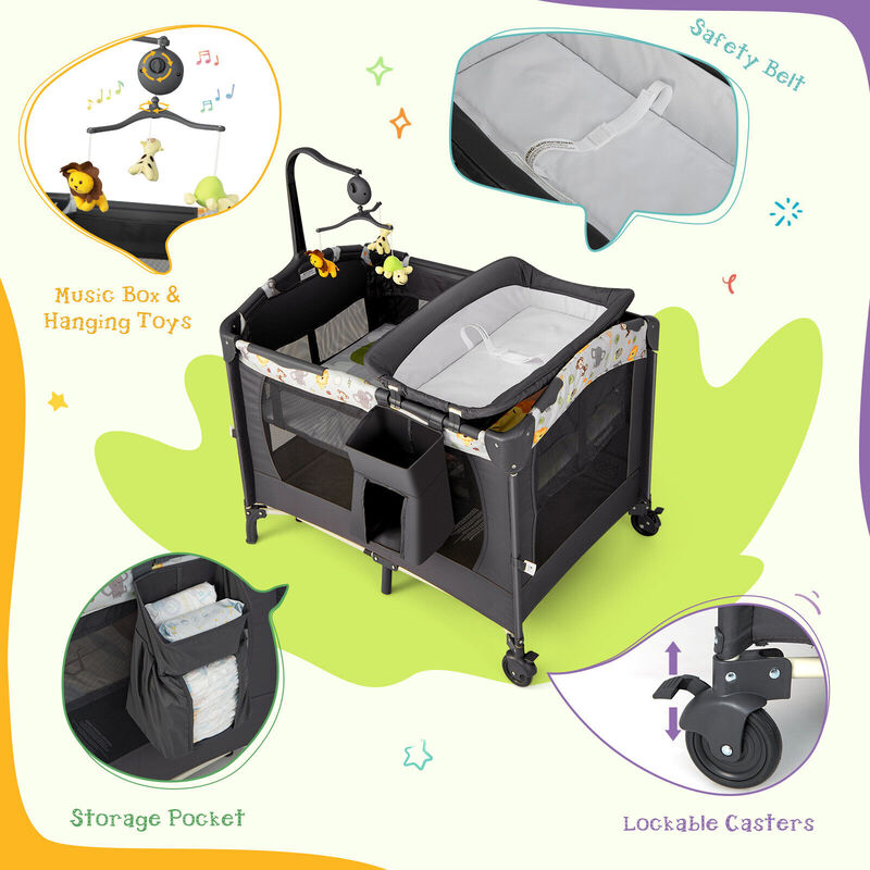 3-in-1 Convertible Portable Baby Playard with Music Box and Wheel and Brakes