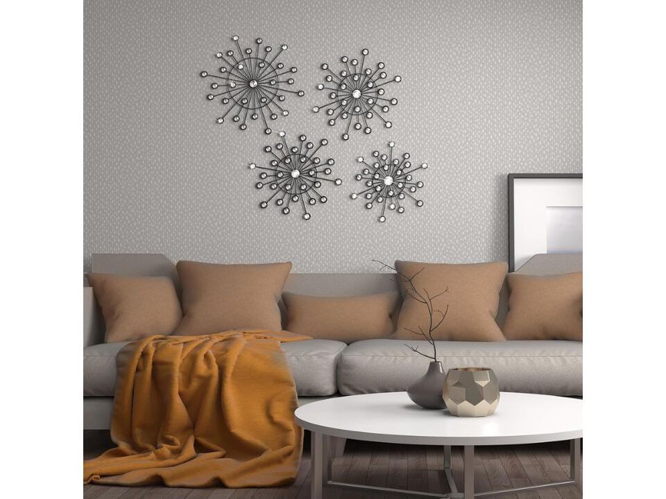 Set of 4 Metal Sunburst Wall Decor Crystal Starburst Art for Home Black