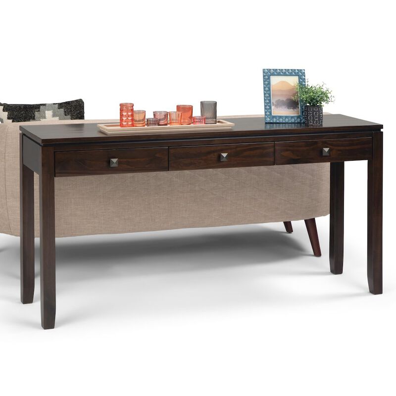 Simpli Home Cosmopolitan Solid Wood Wide Console Sofa Table In Mahogany Brown