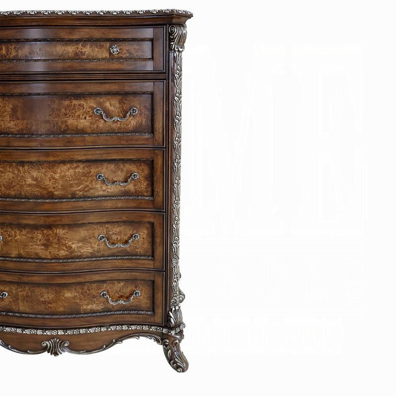 Vany Tall Dresser Chest, Traditional Floral Trim, Cherry Brown  - Benzara