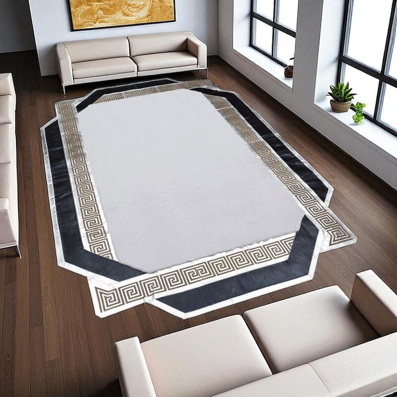 Irregular White and Black Plush Rug, Custom Size Soft Fur Carpet, Greek Border Shaggy Rug, Non Slip Carpet image number 5