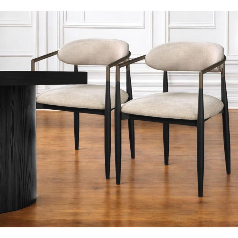 Hivvago Set of Two Beige And Black Upholstered Fabric Open Back Dining Arm Chairs