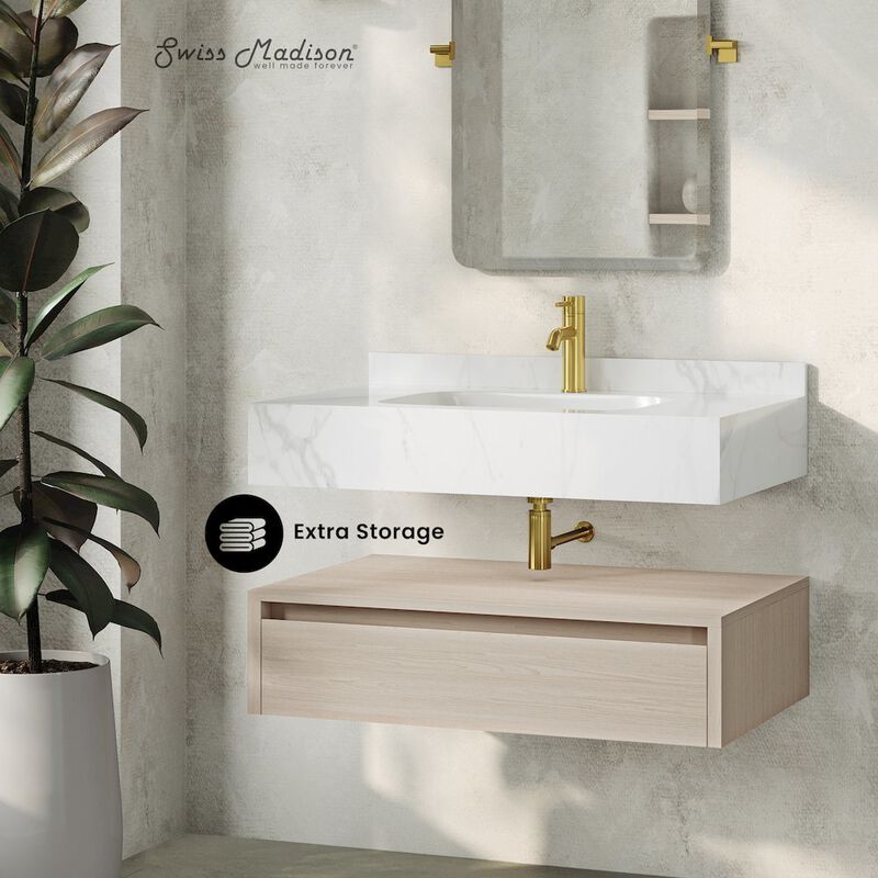 Avancer 36" Wall-Mounted Bathroom Vanity in White Oak with White Marble Sink Top image number 1