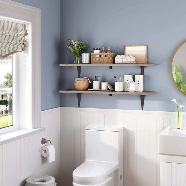 Wall Mounted Floating Shelves Set of 2 with Metal Support Brackets- Greige