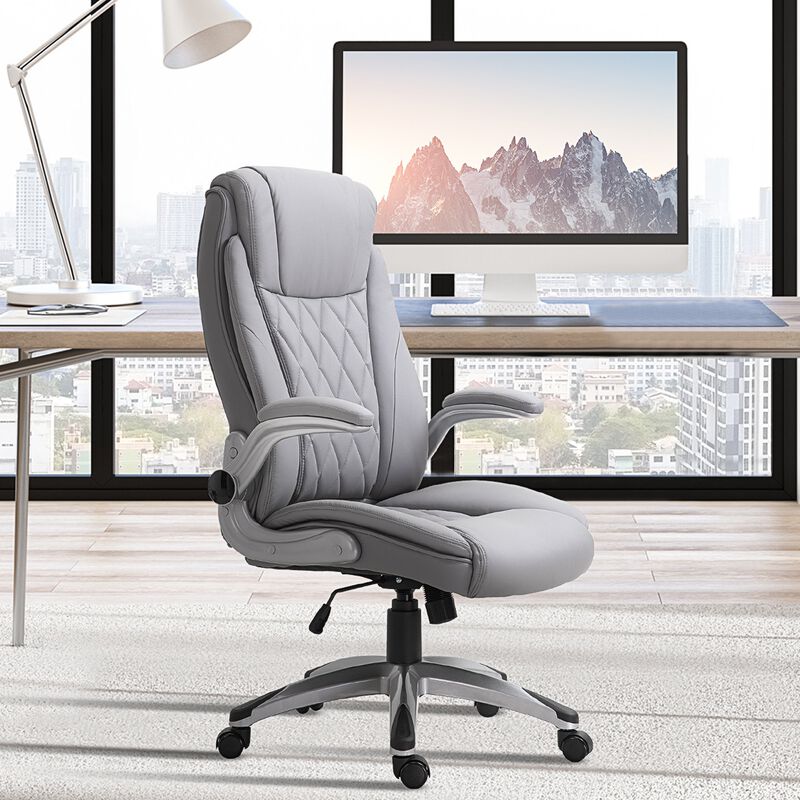 Gray Office Comfort: High-Back Faux Leather Rocker Chair