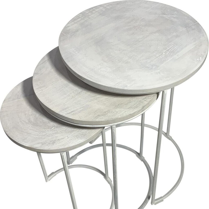 HomeRoots Set of Two White Solid Wood and Metal Round Frame Nested Tables image number 4