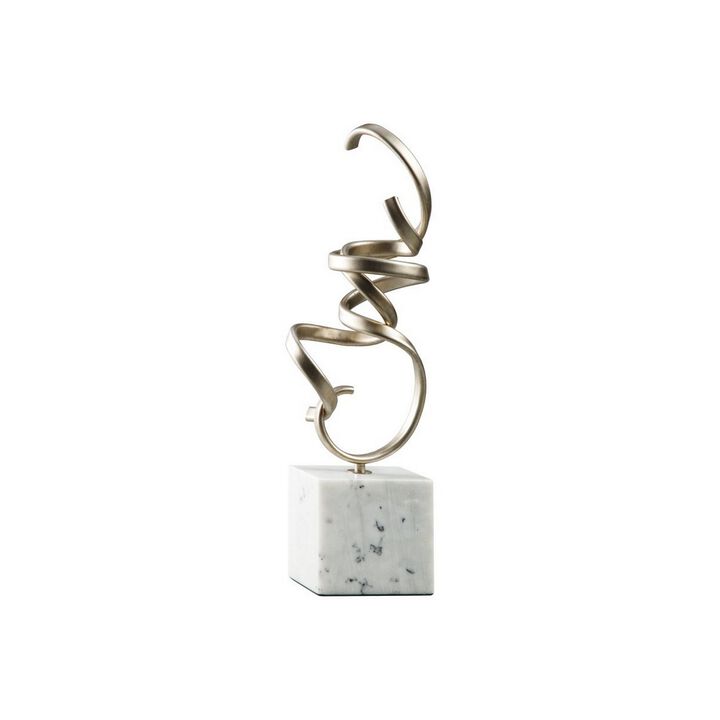 Twisted Scrolled Metal Sculpture with Marble Base, Champagne Gold and White-Benzara