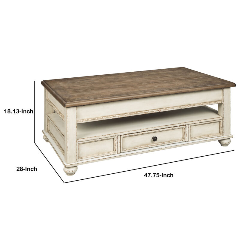 18 Inch Lift Top Two Tone Wooden Cocktail Table, White and Brown