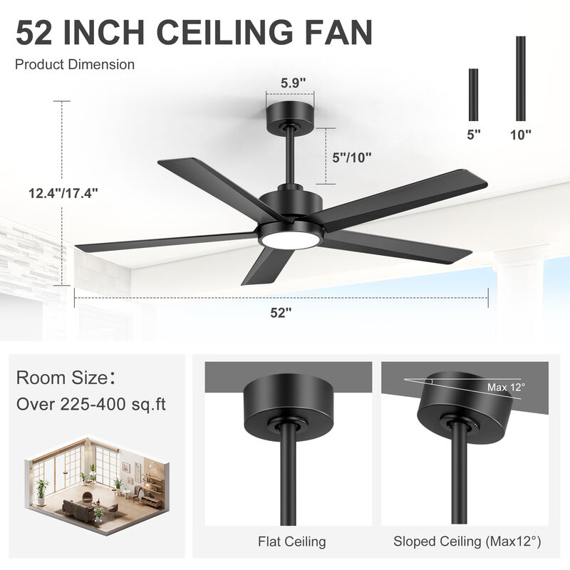 Breezary 52" LED Ceiling Fan with Light, 5 Blade, 6 Speed, Reversible, Quiet Downrod Mount, Remote Control image number 5