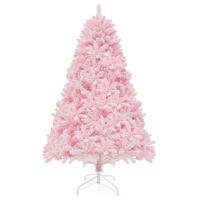 Flocked Artificial Xmas Tree Hinged with 350 LED Lights for Snowy, Bright Holiday Decor