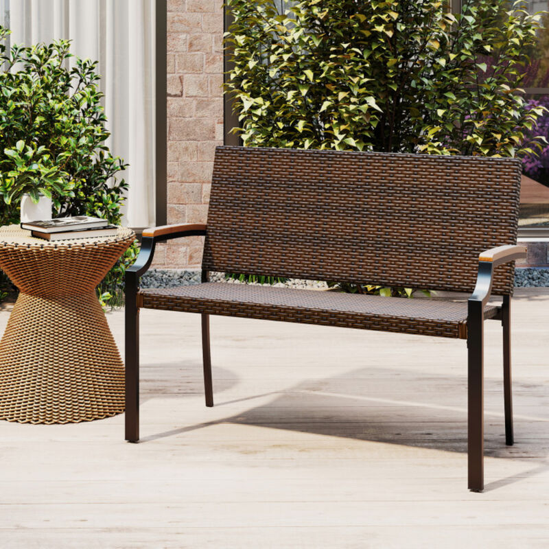 Wicker Patio Loveseat Chair Featuring Acacia Wood Armrests and Metal Frame