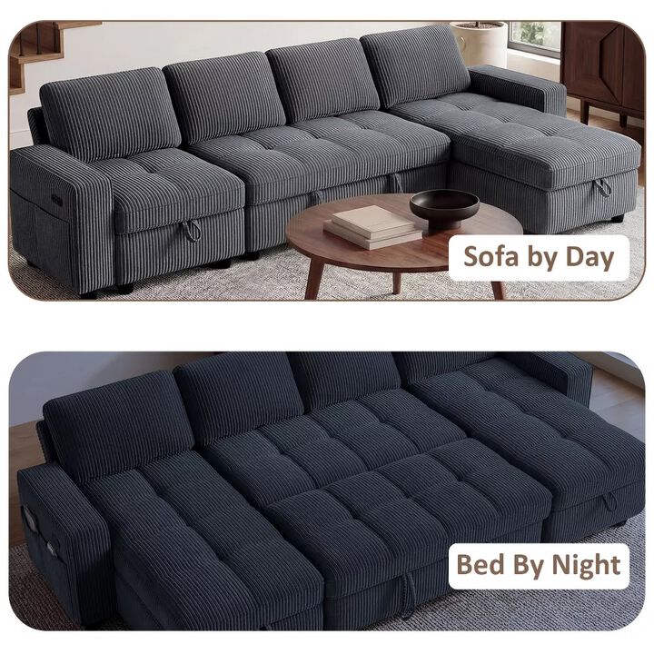105" U-Shaped Sleeper Sofa Bed, Corduroy Pull Out Couch with Reversible Storage Chaise, 5-Position