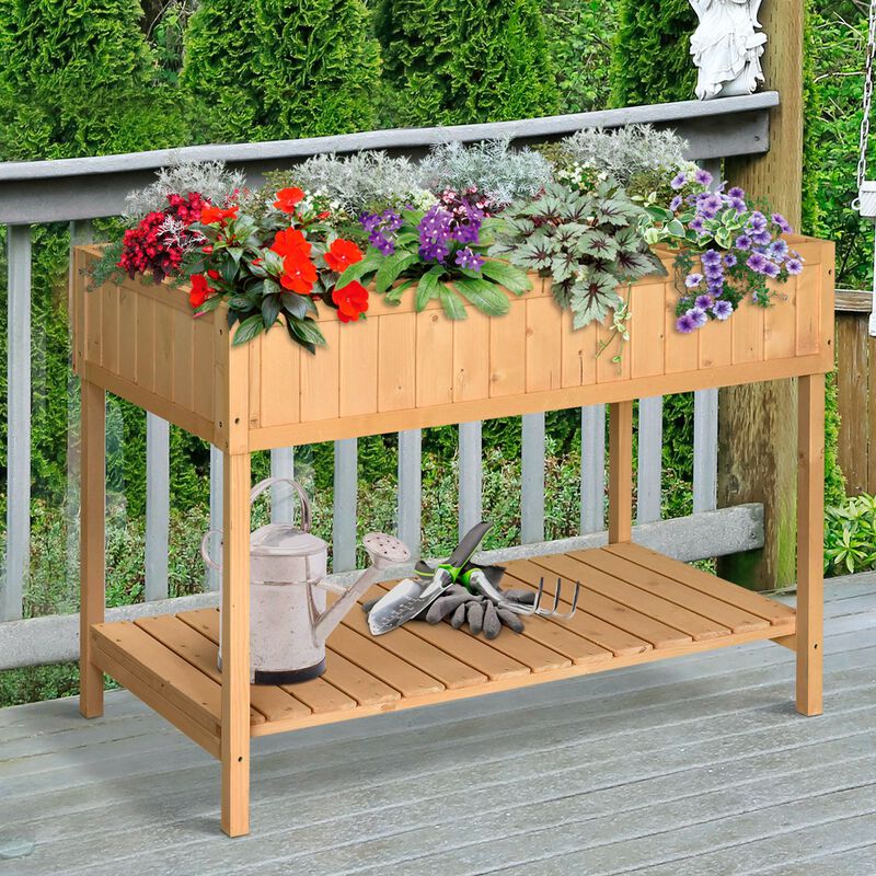 Outsunny Raised Garden Bed with 8 Pockets and Shelf, Wooden Elevated Planter Box with Legs to Grow Herbs, Vegetables, and Flowers, Natural