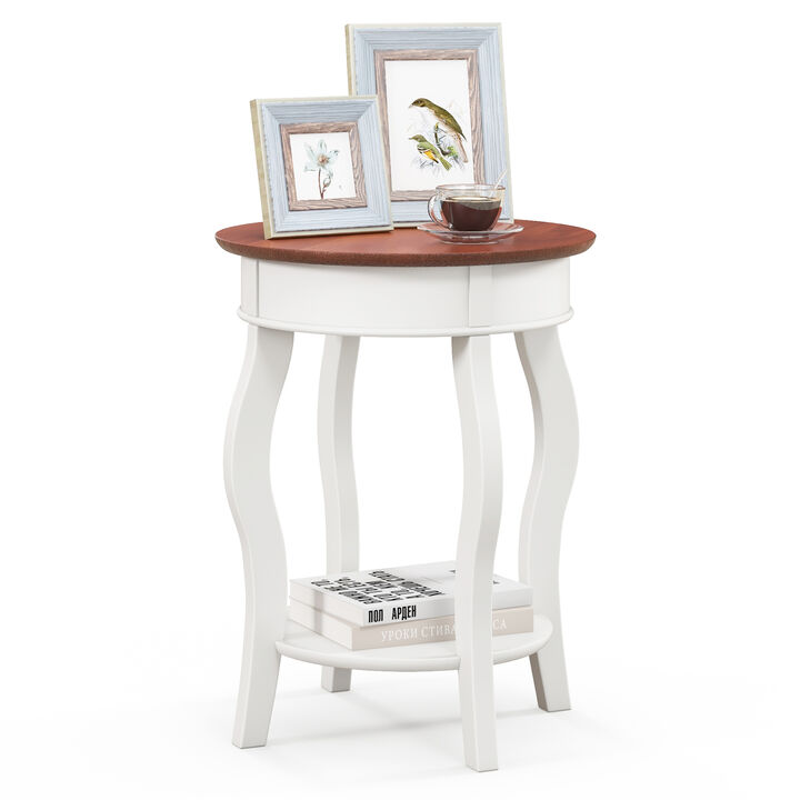 2-Tier Round End Table with Storage Shelf and Solid Rubber Wood Legs for Living Room or Bedroom