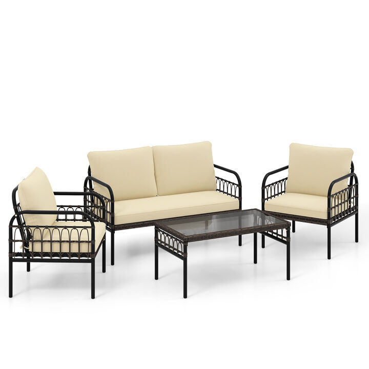4 Pieces Outdoor Wicker Conversation Bistro Set with Soft Cushions and Tempered Glass Coffee Table-Brown