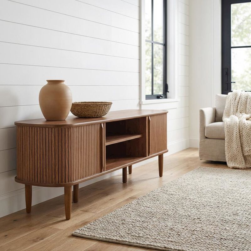 Gray wood TV stand with sleek design and sturdy construction image number 3