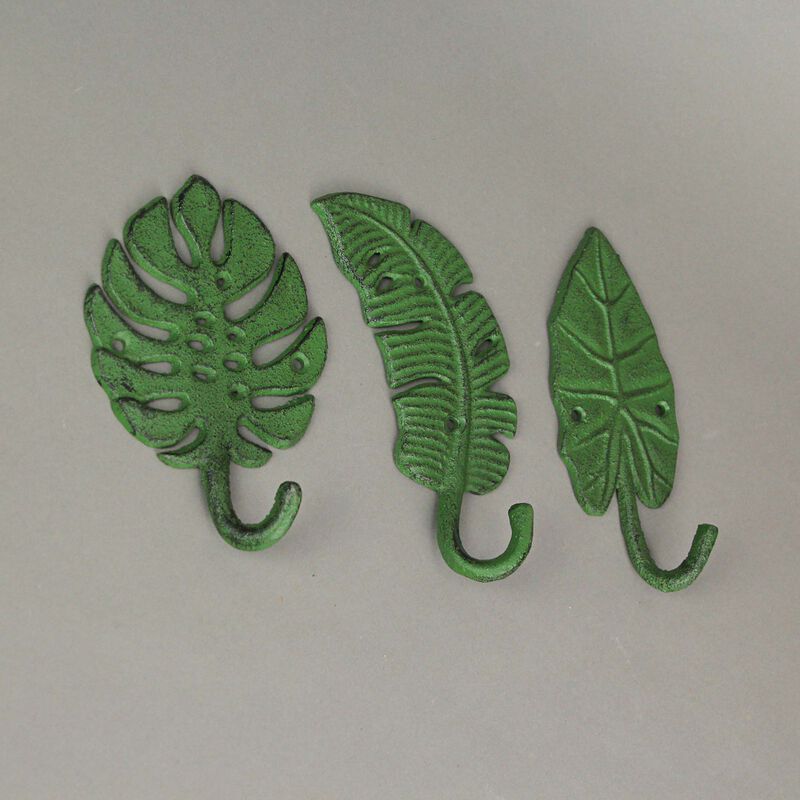 Set of 3 Cast Iron Green Tropical Leaf Decorative Wall Hooks - Functional and Stylish - 6 Inches High - Beach Elegance - Perfect for Towels, Coats, and More image number 4