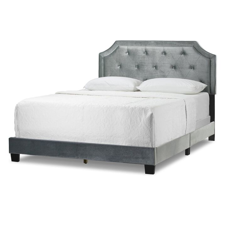 Glamour Home Aria Silver Gray Velvet Queen Bed with Piping and Button Tufting