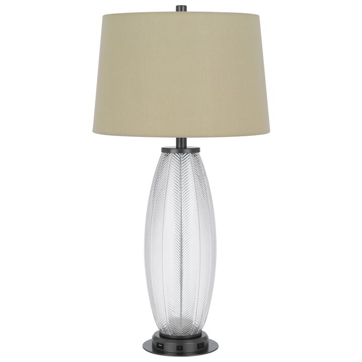 Leno 32 Inch Table Lamp, Leaf Pattern Clear Glass Base, Beige Shade - Benzara