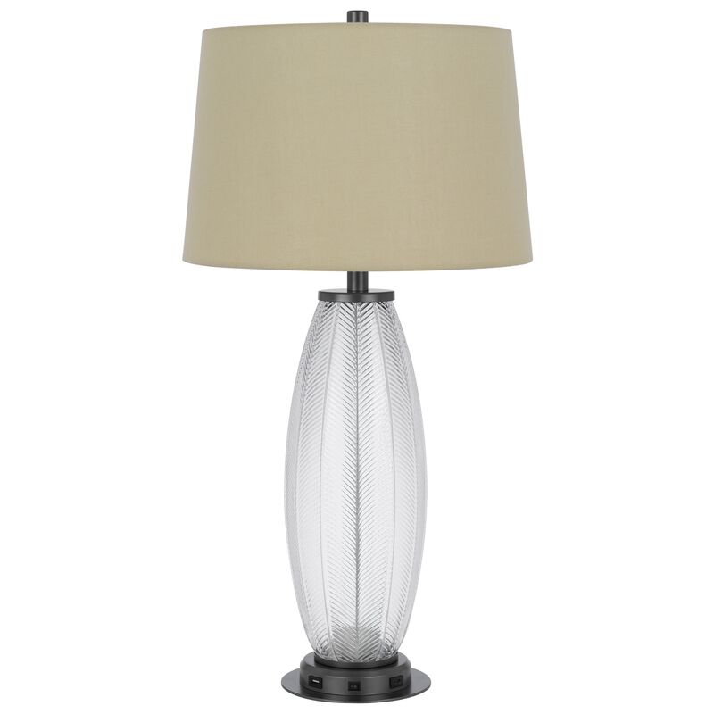 Leno 32 Inch Table Lamp, Leaf Pattern Clear Glass Base, Beige Shade - Benzara