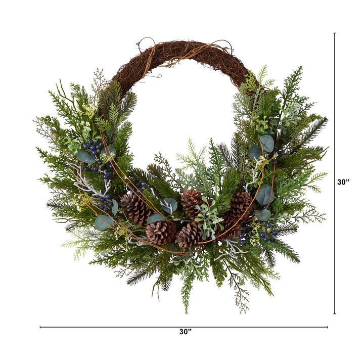 Hivvago 30" Pine and Pinecone Artificial Christmas Wreath on Twig Ring