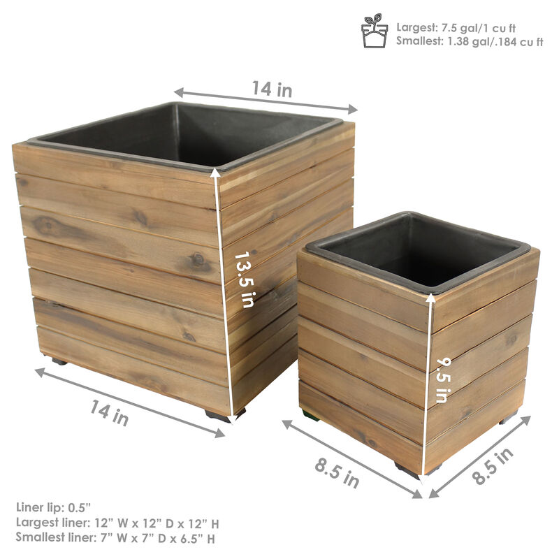 Sunnydaze 2-Piece Acacia Square Planter Boxes with Liners