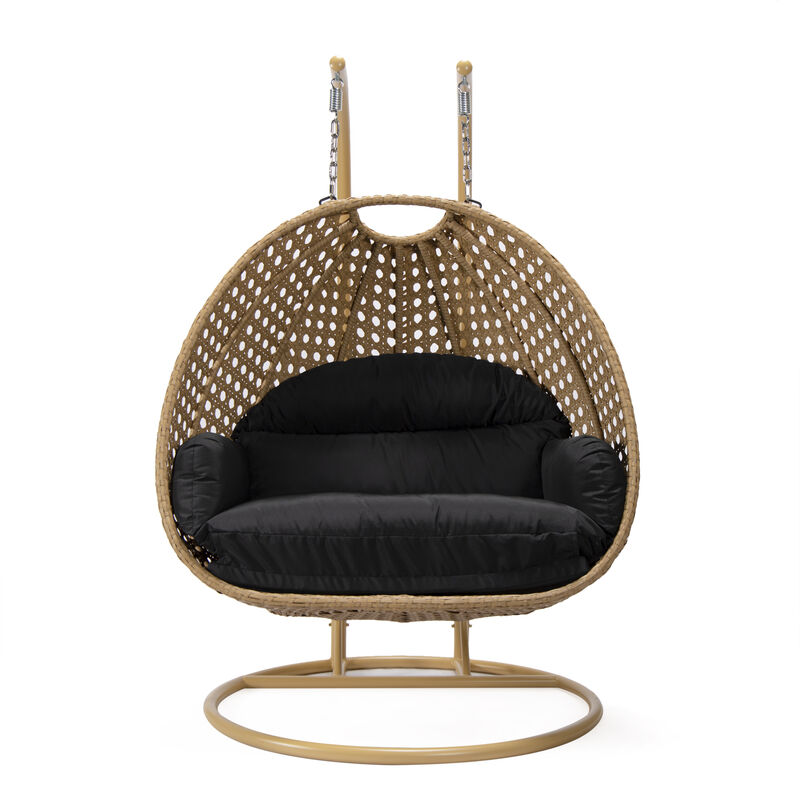 LeisureMod Mendoza Light Brown Wicker Hanging 2 person Egg Swing Chair Removable Cushion With Iron Base