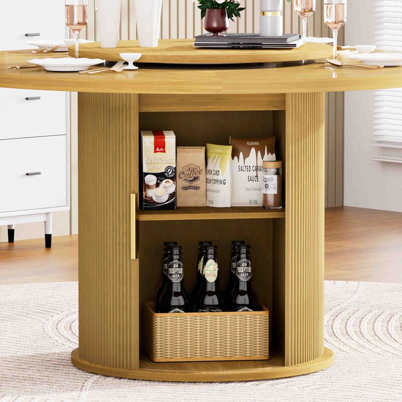 55 Inch Round Dining Table for Six with Rotating Tray and Double Tier Storage Rack Walnut Dining Room Table
