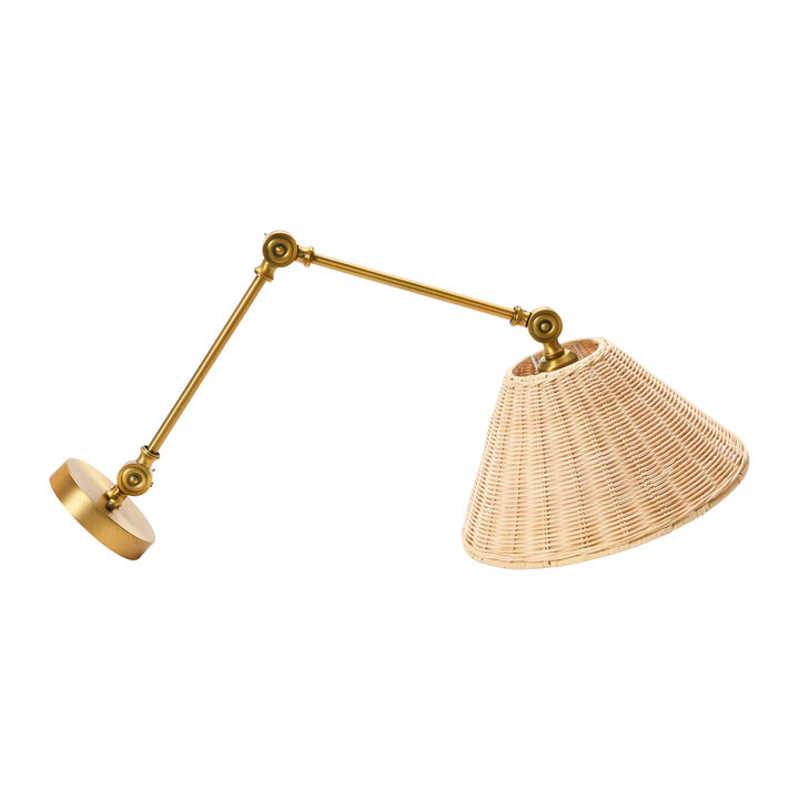 Coastal Adjustable Wall Sconce with Neutral Beige Rattan Shades, Antique Metal Brass Finish