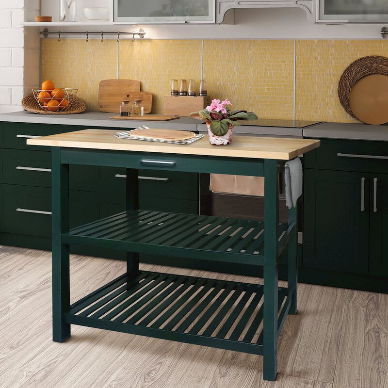 Casual Home Kitchen Island with Solid American Hardwood Top, Hunter Green