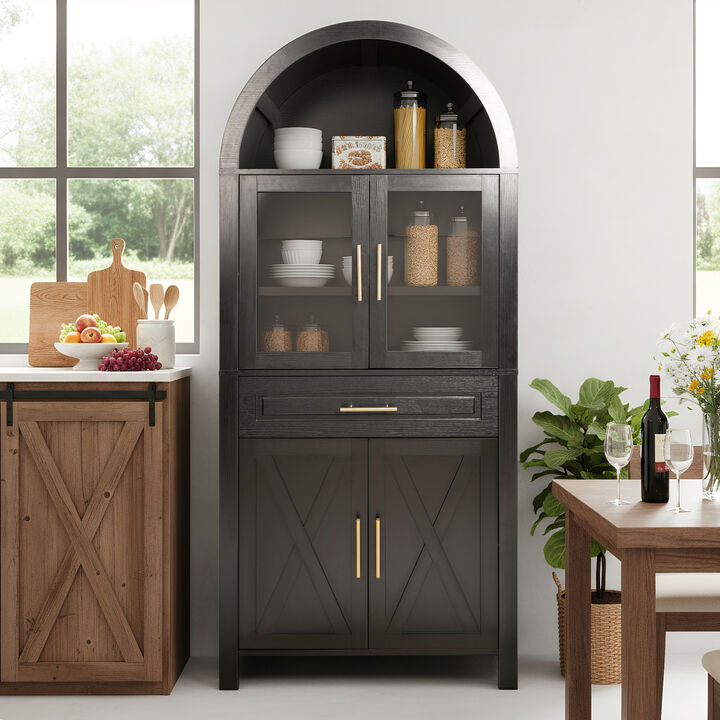 Merax Farmhouse Arched Glass Barn Door Pantry Cabinet - Adjustable Shelves & Built-In Racks