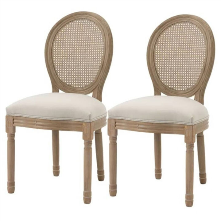 Set of 2 Vintage Upholstered Armless Rattan Back Dining Chairs